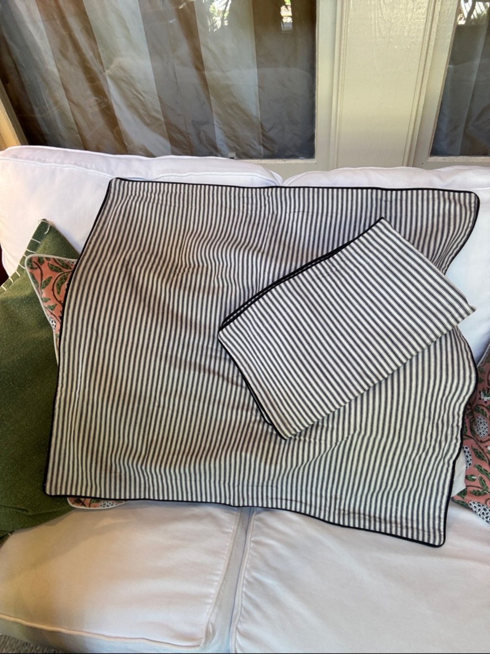 Pair of black and white ticking pillow covers. Large. Black piping
